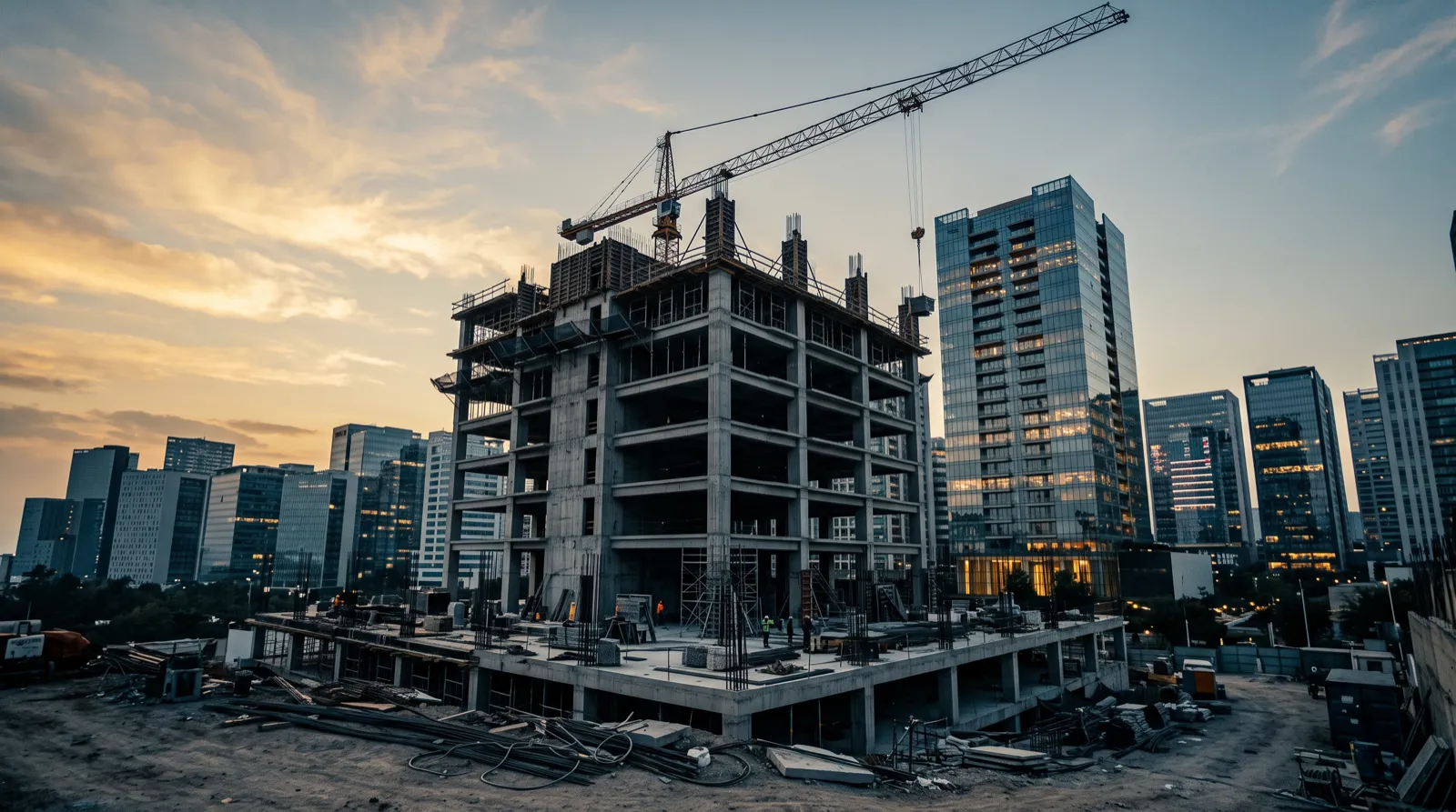 Estructura de concreto de una torre en construcción en Santa Fe con una grúa al atardecer.