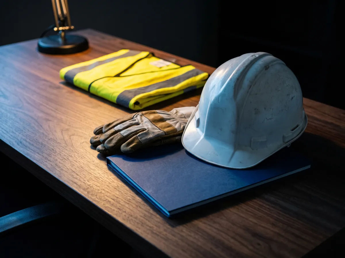 Casco y guantes de trabajo sobre un expediente cerrado en un escritorio.