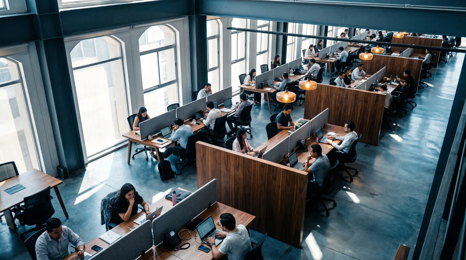 Piso de oficinas de planta abierta en Ciudad de México durante la jornada laboral.